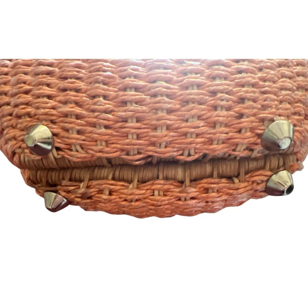 Woven Basket Handbag‎ Round Tote Orange Brown Handle